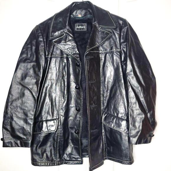Juilliard Leather Vintage 1970 Lg. Lapel black white stitching Sz 38 Coat Jacket - Picture 1 of 10